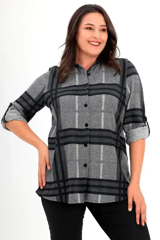 Plus Size Digital Plaid Print Faux Leather Collared Black Shirt - 1