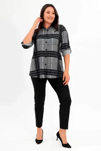 Plus Size Digital Plaid Print Faux Leather Collared Black Shirt - BÜYÜKBEDENIZ (1)