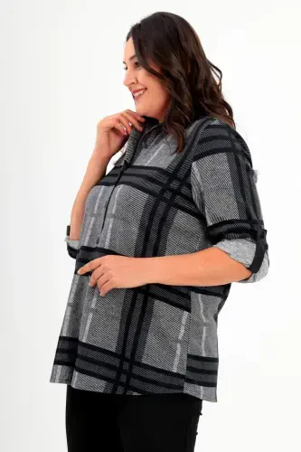 Plus Size Digital Plaid Print Faux Leather Collared Black Shirt - 3