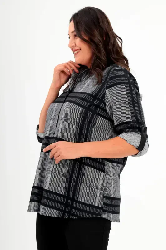 Plus Size Digital Plaid Print Faux Leather Collared Black Shirt - 3