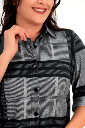 Plus Size Digital Plaid Print Faux Leather Collared Black Shirt - 4