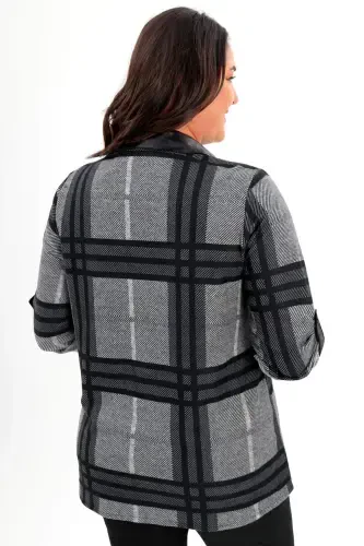 Plus Size Digital Plaid Print Faux Leather Collared Black Shirt - 5
