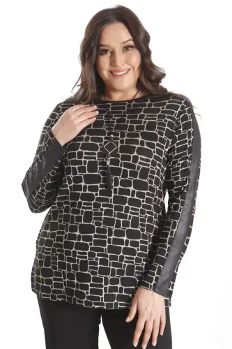 Plus Size Digital Printed Black Blouse with Leather Striped Sleeves - 4
