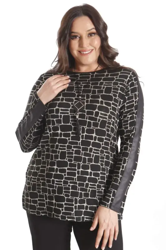 Plus Size Digital Printed Black Blouse with Leather Striped Sleeves - 4