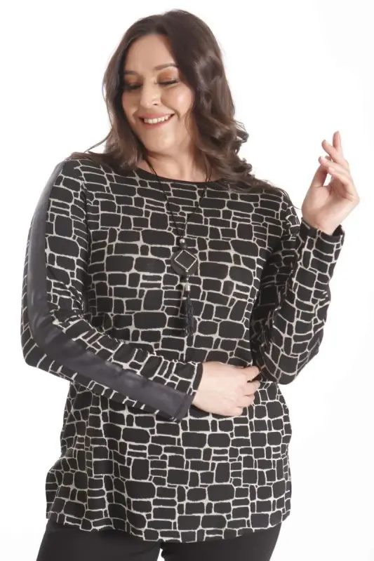 Plus Size Digital Printed Black Blouse with Leather Striped Sleeves - 5