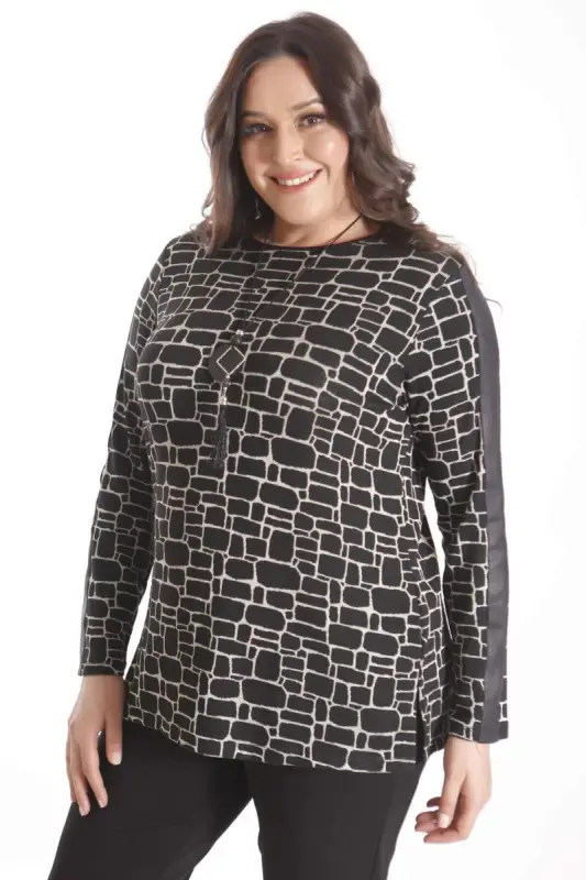 Plus Size Digital Printed Black Blouse with Leather Striped Sleeves - 6