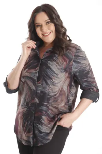 Plus Size Digitally Printed Shirt with Leather Collar in Damson Color - 3