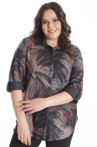 Plus Size Digitally Printed Shirt with Leather Collar in Damson Color - 6