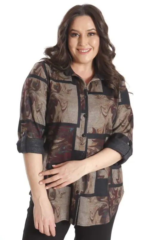 Plus Size Digitally Printed Shirt with Leather Collar in Damson Color - 3