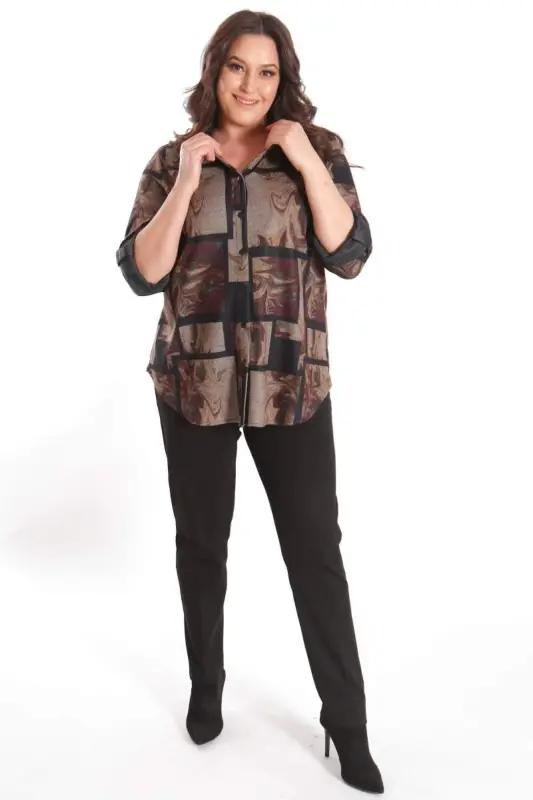 Plus Size Digitally Printed Shirt with Leather Collar in Damson Color - 4