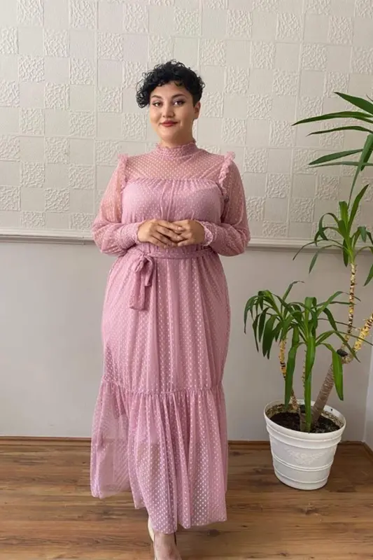 Plus Size Dotted Tulle Evening Dress Powder 8086 - BÜYÜKBEDENIZ