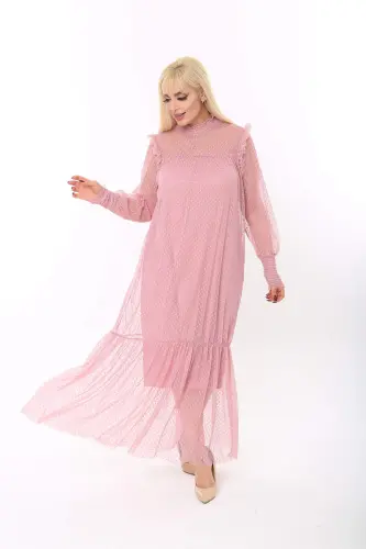 Plus Size Dotted Tulle Evening Dress Powder 8086 - 3