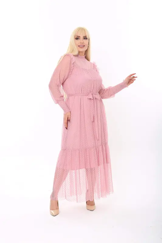 Plus Size Dotted Tulle Evening Dress Powder 8086 - 4