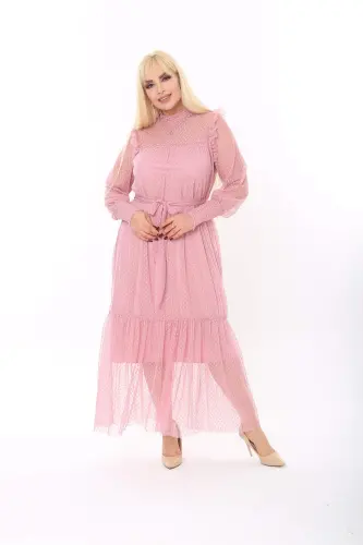 Plus Size Dotted Tulle Evening Dress Powder 8086 - 5