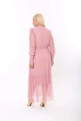 Plus Size Dotted Tulle Evening Dress Powder 8086 - 7