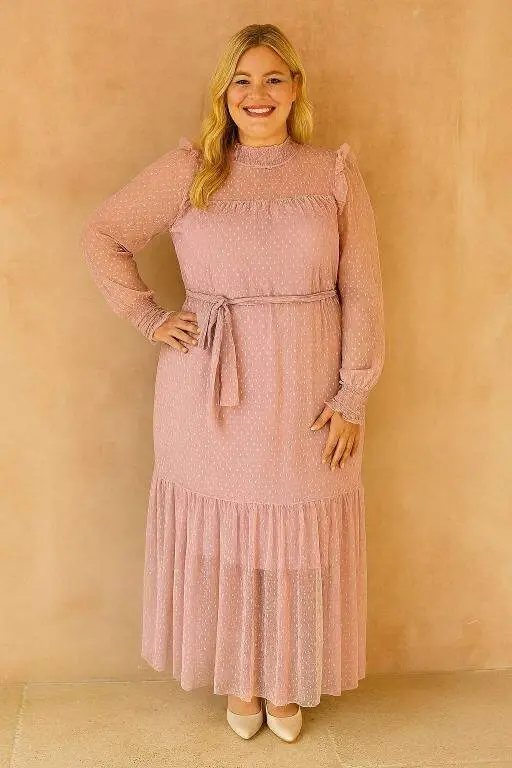 Plus Size Dotted Tulle Evening Dress Powder 8086 - 8