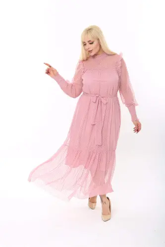 Plus Size Dotted Tulle Evening Dress Powder 8086 - 6