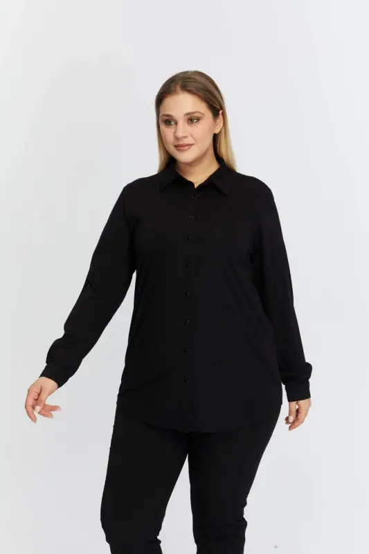 Plus Size Draped Knitted Modal Yarn Shirt Black - BÜYÜKBEDENIZ