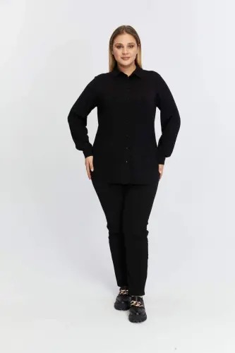 Plus Size Draped Knitted Modal Yarn Shirt Black - 5