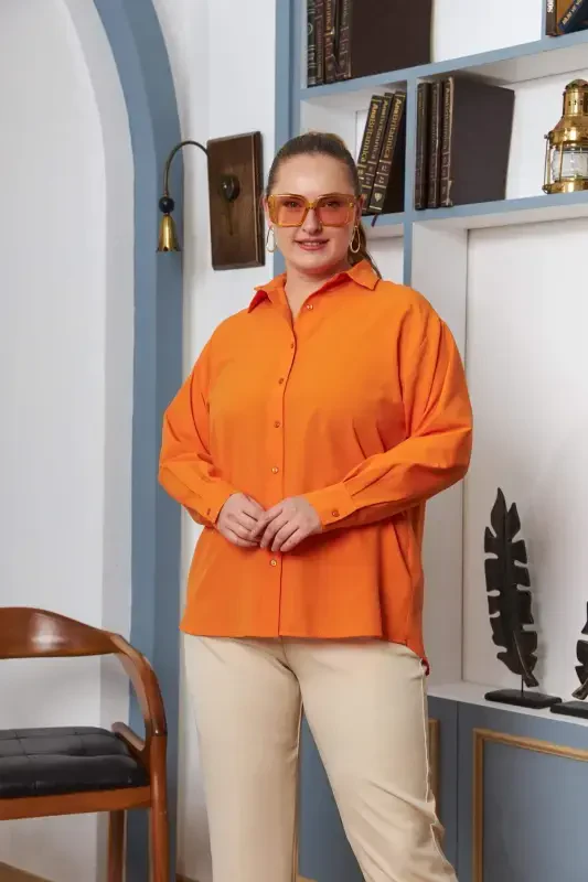 Plus Size Draped Long Sleeve Shirt Orange - 1