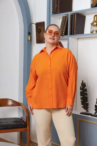 Plus Size Draped Long Sleeve Shirt Orange - 3