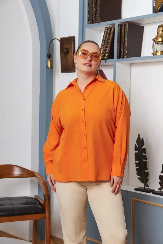 Plus Size Draped Long Sleeve Shirt Orange - 3
