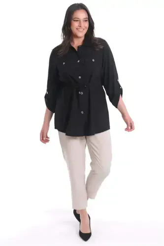 Plus Size Drawstring Waist Belted Black Jacket - 7