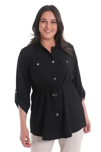 Plus Size Drawstring Waist Belted Black Jacket - 1