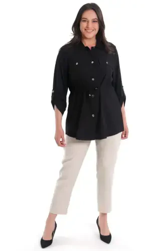 Plus Size Drawstring Waist Belted Black Jacket - 11