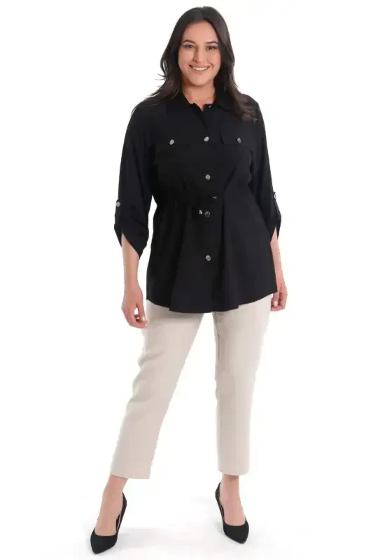 Plus Size Drawstring Waist Belted Black Jacket - 11