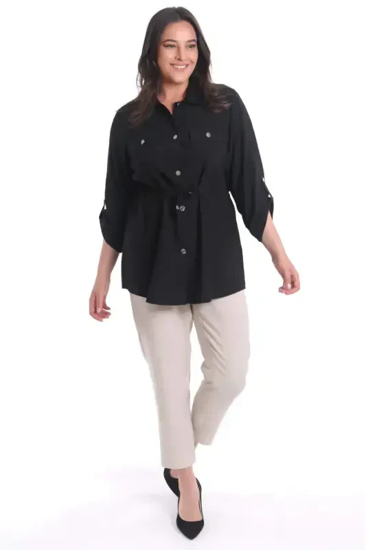 Plus Size Drawstring Waist Belted Black Jacket - 2