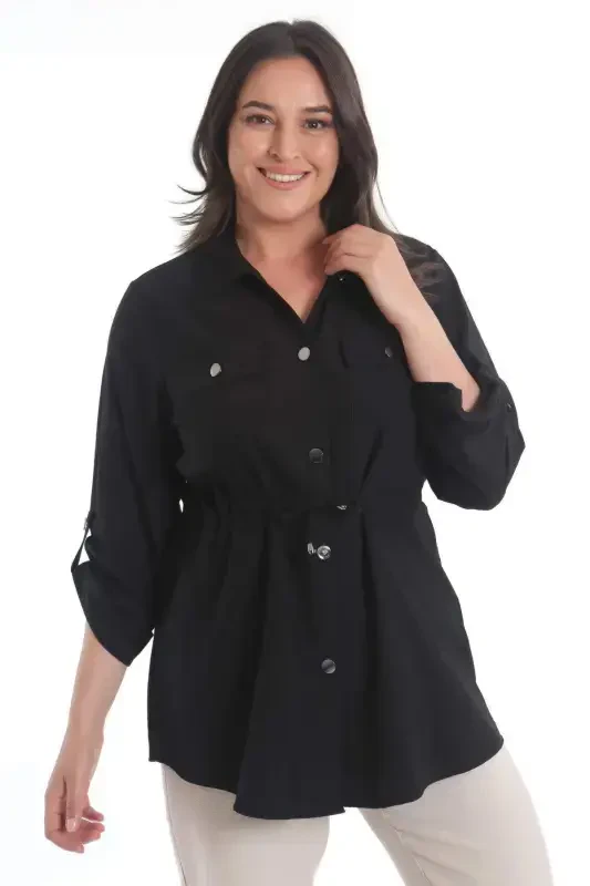 Plus Size Drawstring Waist Belted Black Jacket - 3