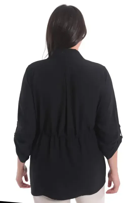 Plus Size Drawstring Waist Belted Black Jacket - 6
