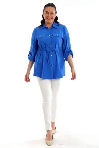 Plus Size Drawstring Waist Pocket Indigo Jacket - BÜYÜKBEDENIZ (1)