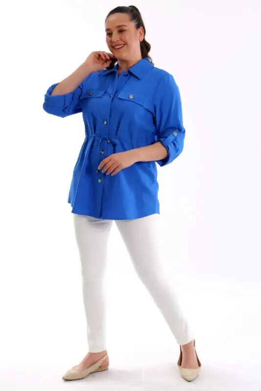 Plus Size Drawstring Waist Pocket Indigo Jacket - 4
