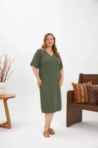 Plus Size Dress with Collar Detail and Slit, Khaki - BÜYÜKBEDENIZ (1)