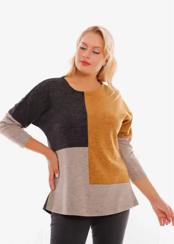 Plus Size Drop Shoulder Asymmetrical Cut Mustard Knitted Blouse - 3