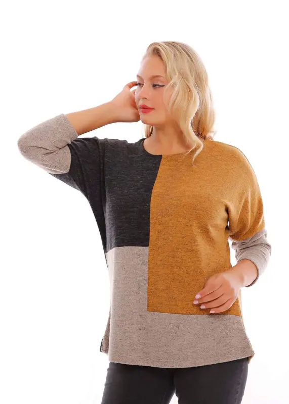 Plus Size Drop Shoulder Asymmetrical Cut Mustard Knitted Blouse - 4
