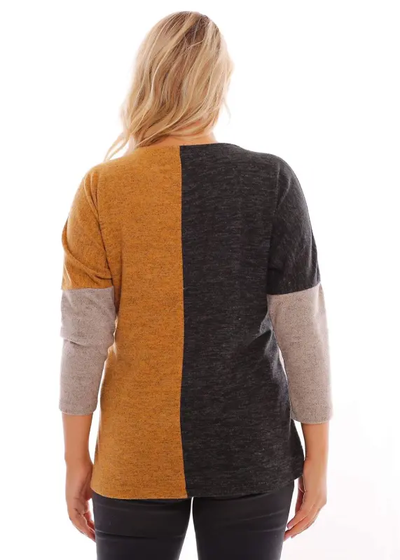 Plus Size Drop Shoulder Asymmetrical Cut Mustard Knitted Blouse - 5