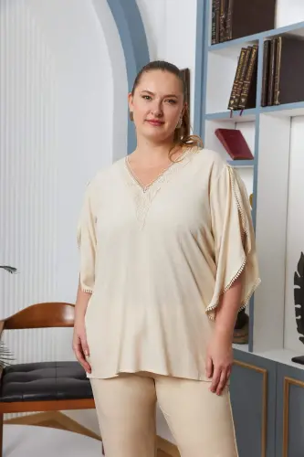 Plus Size Ecru Blouse with Lace Yoke and Sleeves - 1