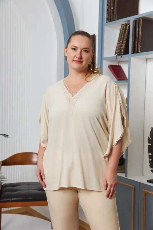 Plus Size Ecru Blouse with Lace Yoke and Sleeves - 1