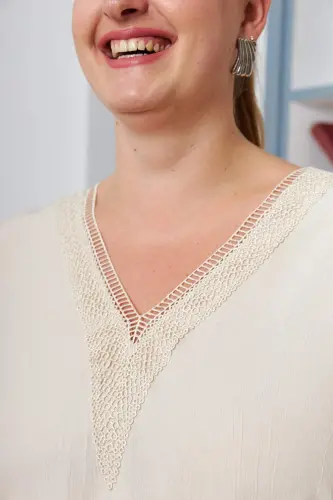 Plus Size Ecru Blouse with Lace Yoke and Sleeves - 8