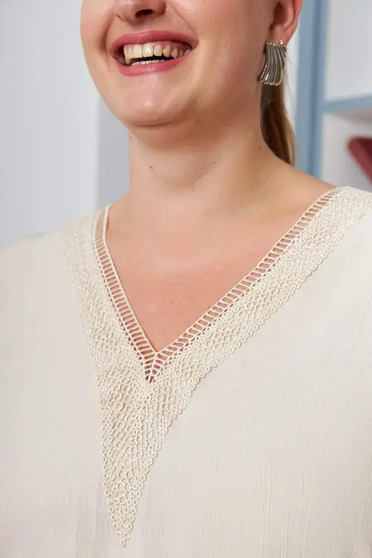 Plus Size Ecru Blouse with Lace Yoke and Sleeves - 2
