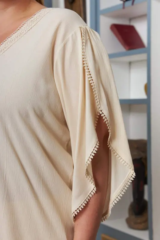 Plus Size Ecru Blouse with Lace Yoke and Sleeves - 3