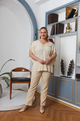 Plus Size Ecru Blouse with Lace Yoke and Sleeves - 9