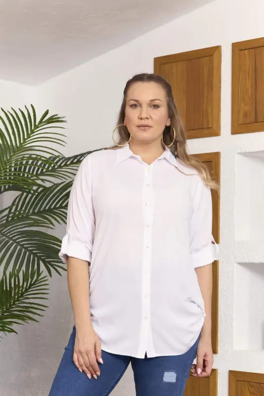 Plus Size Ecru Shirt with Epaulette Detail - BÜYÜKBEDENIZ