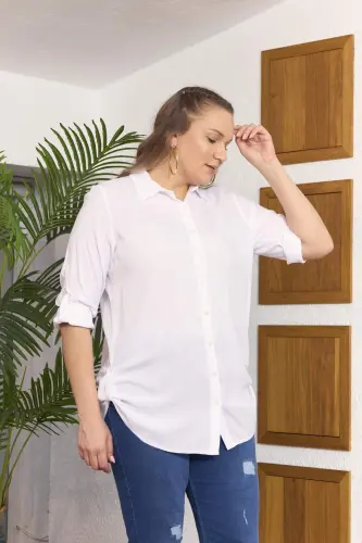 Plus Size Ecru Shirt with Epaulette Detail - BÜYÜKBEDENIZ (1)