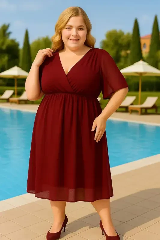 Plus Size Elastic Waist Cape Sleeve Comfortable Chiffon Dress KL3096 Black_Copy(4) - 1