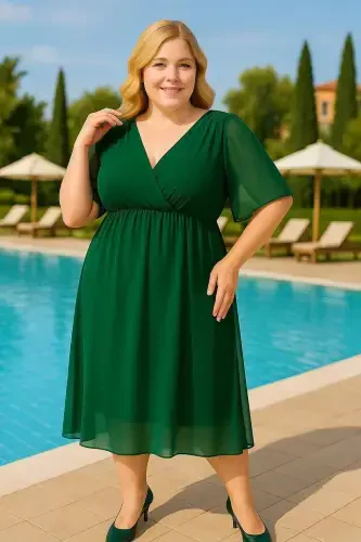 Plus Size Elastic Waist Cape Sleeve Comfortable Chiffon Dress KL3096 Green - 1