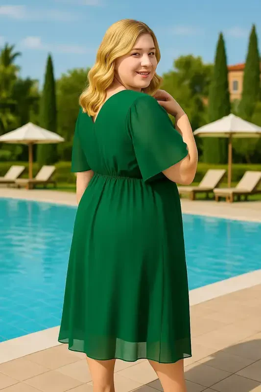 Plus Size Elastic Waist Cape Sleeve Comfortable Chiffon Dress KL3096 Green - 2